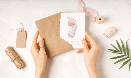Babykarte mit Foto in Fußabdruckform, mit passenden Sprüchen gestalten
