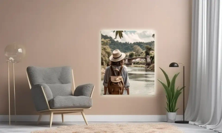 Backlit Folie in einer Leseecke, Motiv Frau mit Wanderrucksack und Strohhut, im Hintergrund eine Flusslandschaft