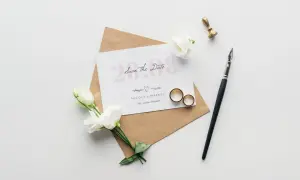 Einladungskarte zur Hochzeit mit Save-the-Date, brauner rustikaler Umschlag, goldene Eheringe liegen auf der Hochzeitskarte, weiße Blumen im Hintergrund