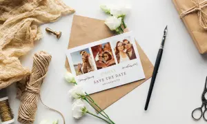 Vintage Hochzeitseinladung im romantischen Design, goldener Siegelstempel, weiße Blumen und Füller als Accesoires zu sehen