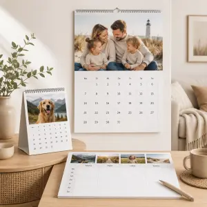 Verschiedene Fotokalender Arten in einem hellen Wohnraum mit Wandkalender, Tischkalender und Familienplaner