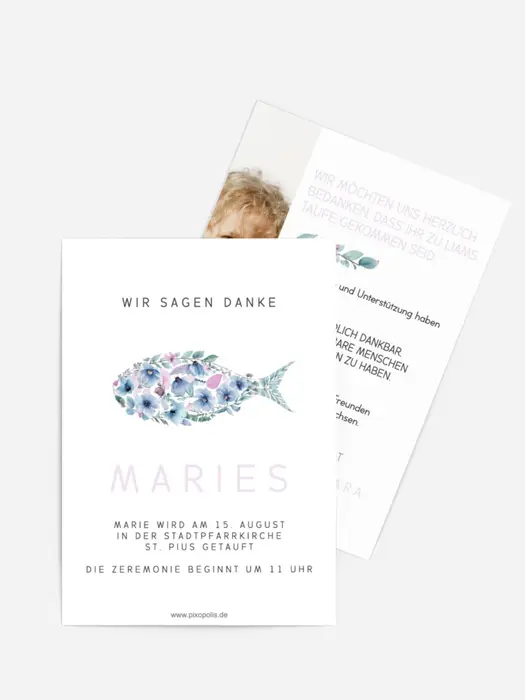 Dankeskarte Taufe Fische in Blumen