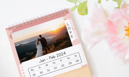 Romantischer Tischkalender quer mit floralen Motiven und Blume als Dekoration im Vordergrund, Kalender mit Fotos gestalten