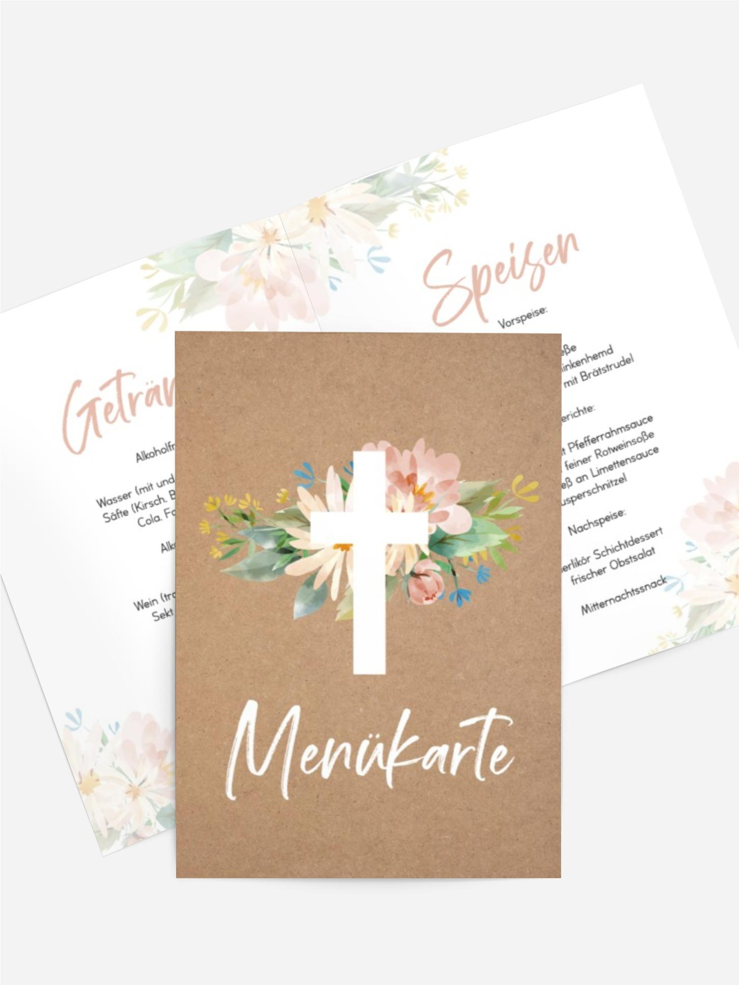 Menükarte Taufe Zwischen den Blumen