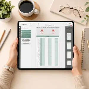 Tablet mit Fotokalender Editor auf einem hellen Schreibtisch während der digitalen Gestaltung eines Wochenplaners