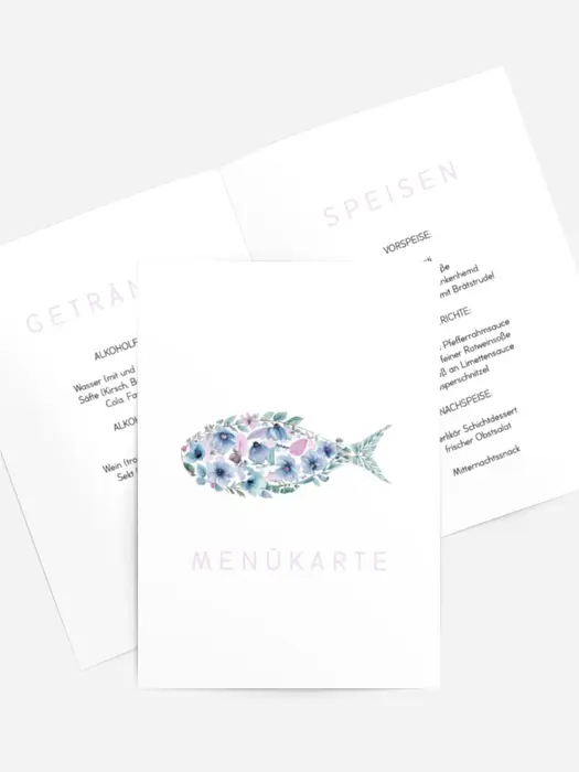 Menükarte Taufe Fische in Blumen