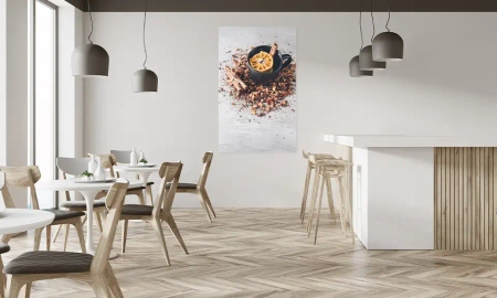 Selbstklebende Folie in Café, Motiv Kaffeetasse mit Orange und Zimt