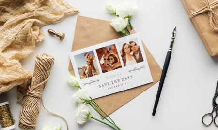 Vintage Hochzeitseinladung im romantischen Design, goldener Siegelstempel, weiße Blumen und Füller als Accesoires zu sehen