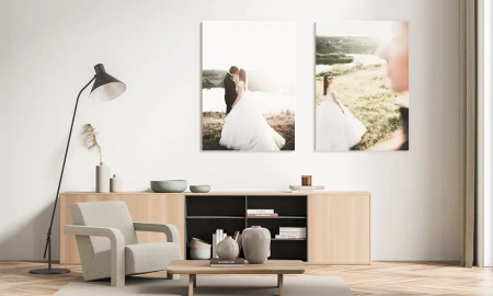 Fotoboard, Leinwand, Druck, 2 Poster, Hochzeitspaar in der Natur, weißes Hochzeitskleid, Nah- und Fernaufnahme