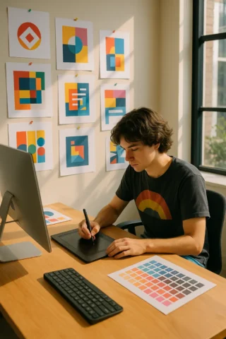 Design: Junger Mann bei der Gestaltung am Laptop. An der Wand viele bunte Designs