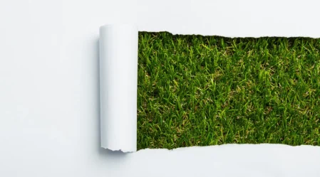 Ein Stück Rasen taucht hinter zerrissenem Papier auf; nachhaltiges, ökologisches und umweltfreundliches Drucken von Broschüren und mehr geht in vielen Druckereien