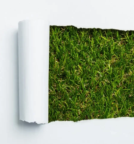 Ein Stück Rasen taucht hinter zerrissenem Papier auf; nachhaltiges, ökologisches und umweltfreundliches Drucken von Broschüren und mehr geht in vielen Druckereien