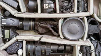 Eine Fotografen Kameratasche voller Fotoausrüstung von oben – Eine Kamera, mehrere Objektive von der Marke Canon oder Nikon, ein Stativ