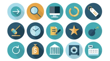 Piktogramme: Das Bild zeigt viele Symbole, oder Icons vor weißem Hintergrund. Wir sehen einfache Stock-Grafiken, bzw. -clipart -cartoon -symbole.