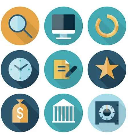 Piktogramme: Das Bild zeigt viele Symbole, oder Icons vor weißem Hintergrund. Wir sehen einfache Stock-Grafiken, bzw. -clipart -cartoon -symbole.