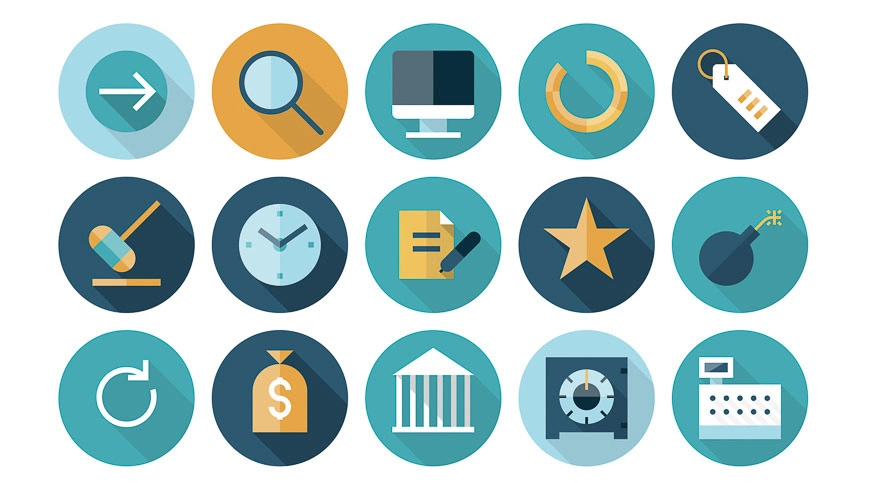 Piktogramme: Das Bild zeigt viele Symbole, oder Icons vor weißem Hintergrund. Wir sehen einfache Stock-Grafiken, bzw. -clipart -cartoon -symbole.