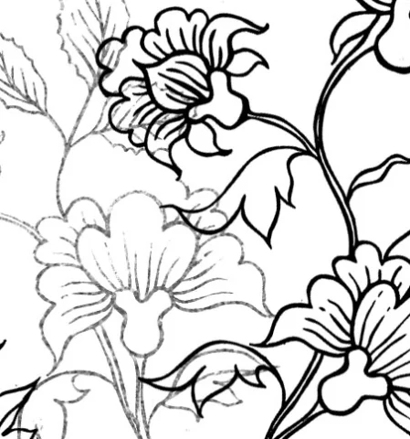 Schwarz-weißes Bild mit gezeichneten Blüten als Skizze und Vektorgrafik nach dem Vektorisieren in Adobe Illustrator.
